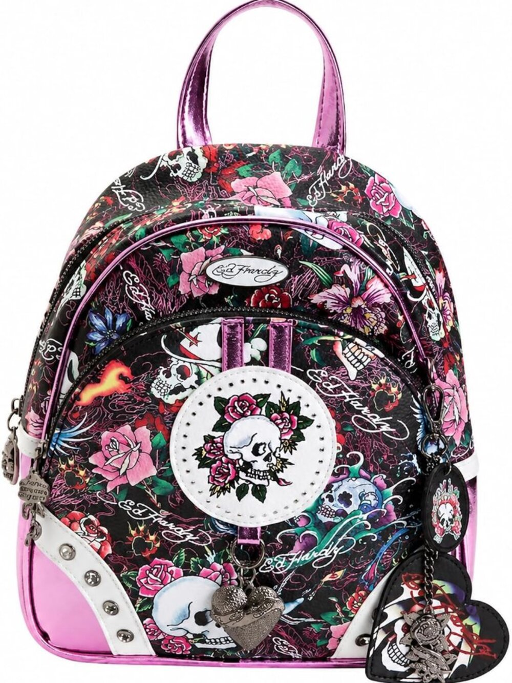 ED HARDY Metallic Pink/Black Skull Crystal Studded Backpack